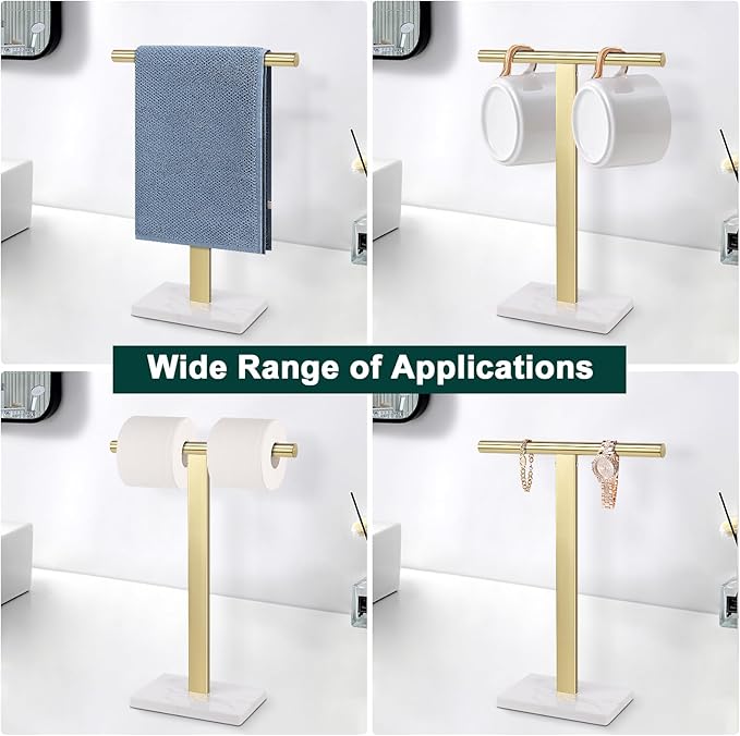 Hand Towel Holder, T-Shape Hand Towel Stand for Bathroom, Hand Towel Rack Bar Standing for Vanity Kitchen Countertop, 304 Stainless Steel, Marble Base (Gold)