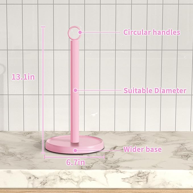 Pink Paper Towel Holder Countertop, Pink Kitchen Accessories Decor, Stainless Steel, Paper Towel Stand Holder for Bathroom Farmhouse Essentials with Weighted Base