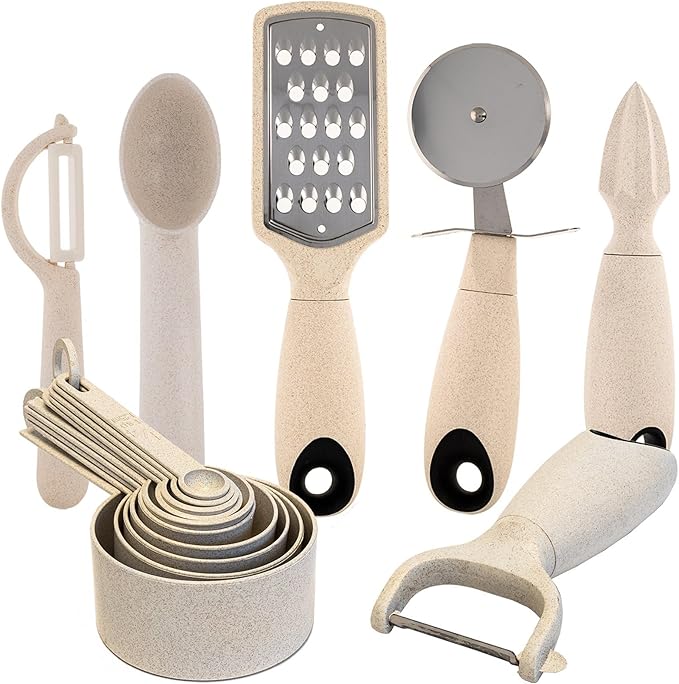 Beille 4pc Wheat Straw Kitchen Utensils Peeler Pizza Cutter Scoop and Grater