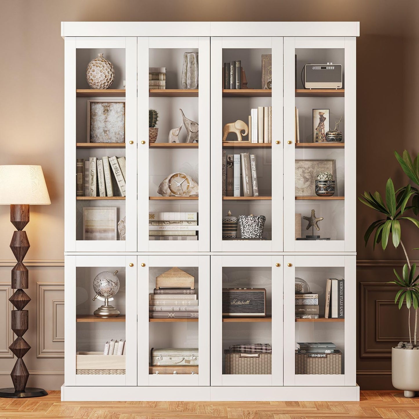 ivaniti 70.8" Tall Bookshelf with Doors, Farmhouse Modular Bookcase with 4-Tier Adjustable Shelves, Large Storage Cabinet for Home Office, Living Room, Brown, Set of 2