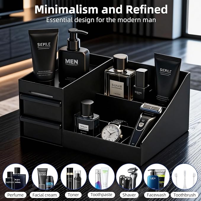 Cologne Stand Organizer for Men - Mens Organizer with Drawers, Perfume Organizer and Cologne Shelf for Bathroom Countertop Storage - Perfect Gifts for Men (Black)