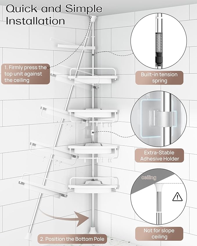 ALLZONE Rustproof Shower Caddy Corner for Bathroom, Tension Corner Shower Caddy Tension Pole, Solid Shower Organizer with 4 Adjustable Shower Shelves, Shower Rack Fit Heights 34 to 116 Inches,White