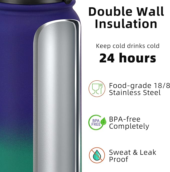 Fanhaw 20 oz Insulated Stainless Steel Water Bottle with Anti-Dust Chug Lid, Leakproof Vacuum Metal Bottle for Kids, Women & Men (Purple Green)