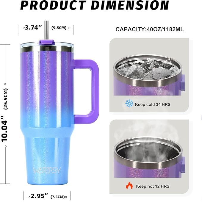 40 oz Shiny Tumbler with Handle and Straw,Stainless Steel Tumbler with Lid and Straw,Insulated Travel Mug(Cold for 34 Hours),Water Bottle for Iced Tea,Coffee (Purple)