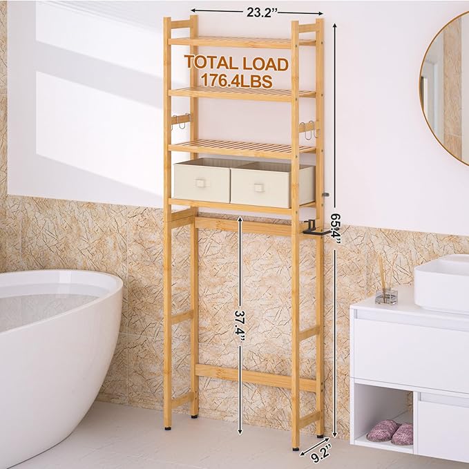 Over The Toilet Storage with 2 Baskets, 4-Tier Bamboo Organizer Rack with Paper Holder & 4 Hooks & Waterproof Feet Pad,Freestanding Shelf for Bathroom(Natural)