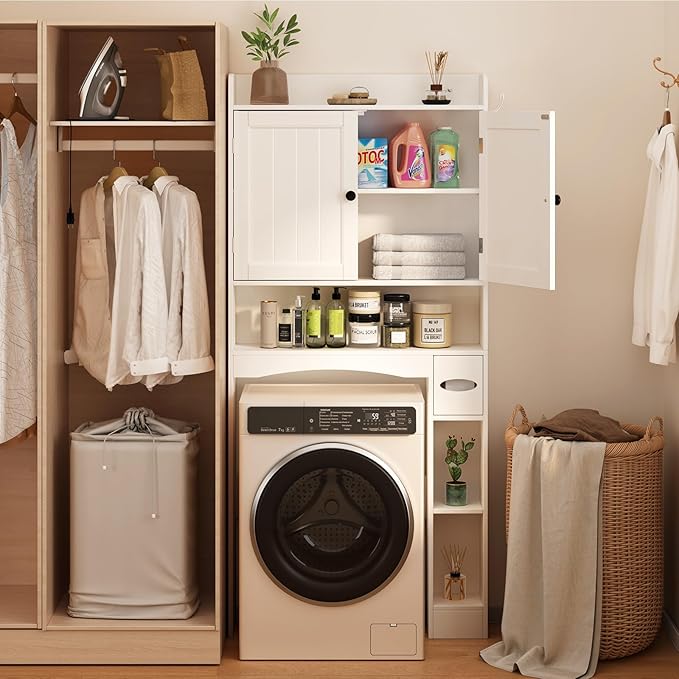 Ahomly Over The Toilet Storage Cabinet, 32.3" W Over Toilet Bathroom Organizer with Doors, Adjustable Shelves, Toilet Paper Holder, 2 Side Hooks, Space-Saver for Bathroom, Laundry, White