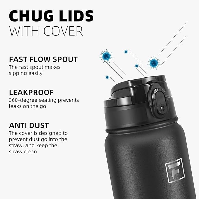 Fanhaw 32 oz Insulated Stainless Steel Water Bottle with Anti-Dust Chug Lid, Leakproof Vacuum Sports Bottle for Men & Women (Black)