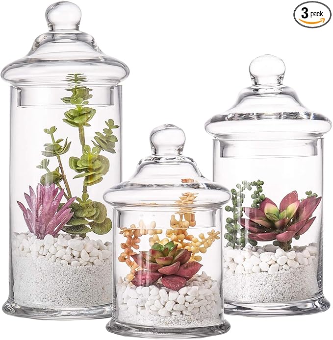 Glass Apothecary Jars with Lids, Set of 3 - Bathroom Storage Organizer for Qtips, Cotton Balls, Bath Salts, Candy, Kitchen & Home Decor (11", 8.5", 7.5" Heights)