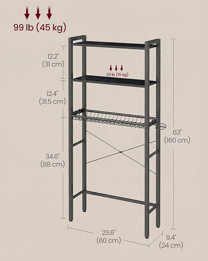 VASAGLE Over The Toilet Storage, Over Toilet Bathroom Organizer with Adjustable Shelves and Basket, 3 Hooks, Space Saving, 9.4 x 23.6 x 63 Inches, Ebony Black UBTS113BE01S