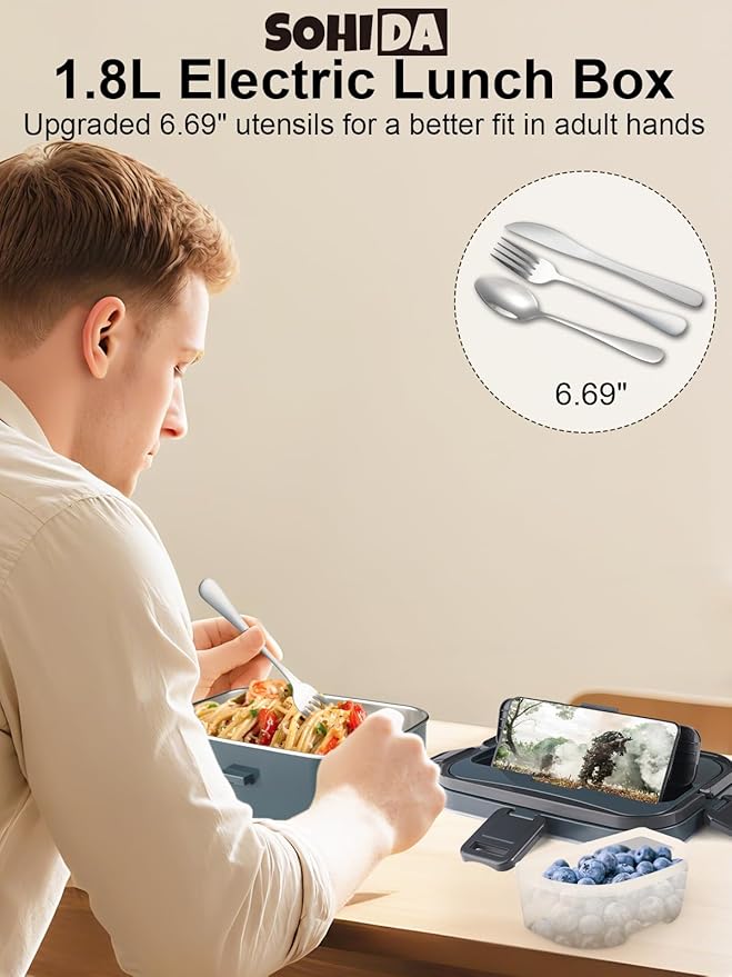 1.8L+0.5L Heated Lunch Box for Men, 80W Electric Lunch Box with Long-handled Utensils for Adults, 12V/24V/110V Lonchera Eléctrica Portátil, Portable Food Warmer for Car/Truck/Office (Deep Blue)
