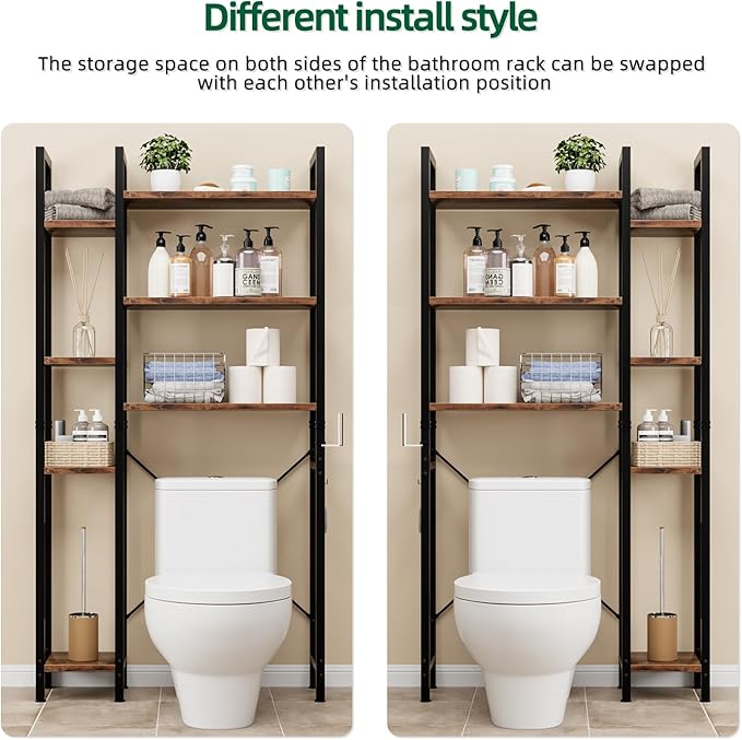 OTK Over The Toilet Storage with 7-Tier Bathroom Organizer Shelf, Freestanding Space Saver with Adjustable Feet & Hooks, Storage Rack for Bathroom, Restroom, Laundry, Rustic Brown