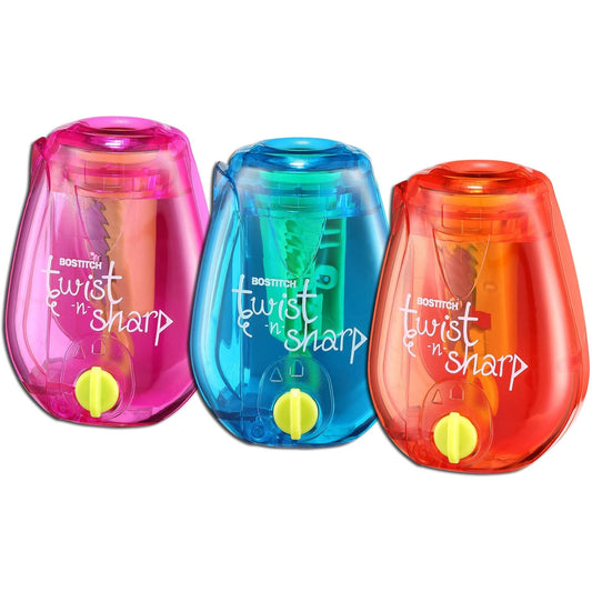 Bostitch Office Pencil Sharpener ,Twist-n-Sharp, For Kids & Colored Pencils, Assorted Colors (PS1-ADJ)