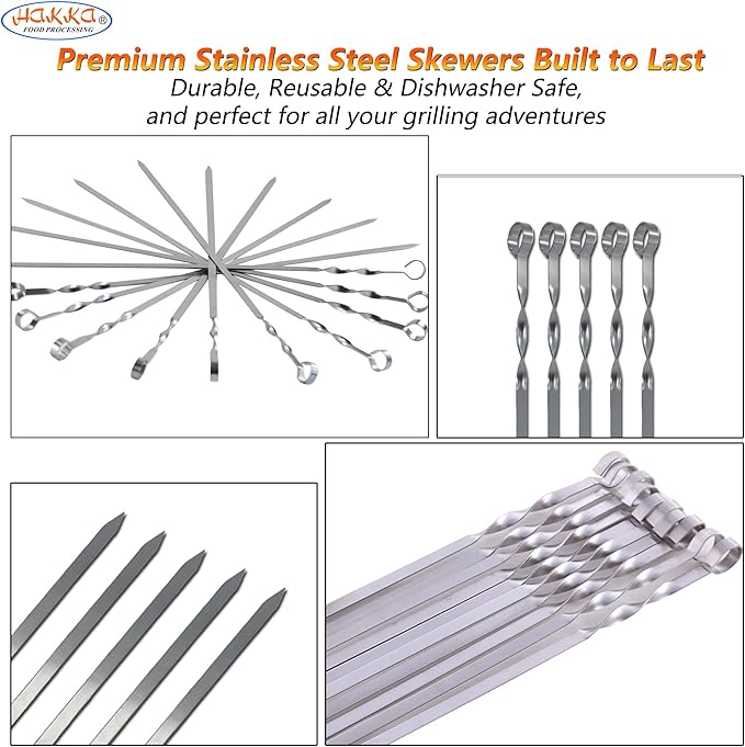 Hakka Stainless Steel Barbecue Skewers, 23.6" Shish Kabob Skewers Heavy Duty 1.5mm Metal Skewers for Grilling Large Wide 9.87mm Reusable Kabob Sticks with NonSlip Ring Handle,Set of 10