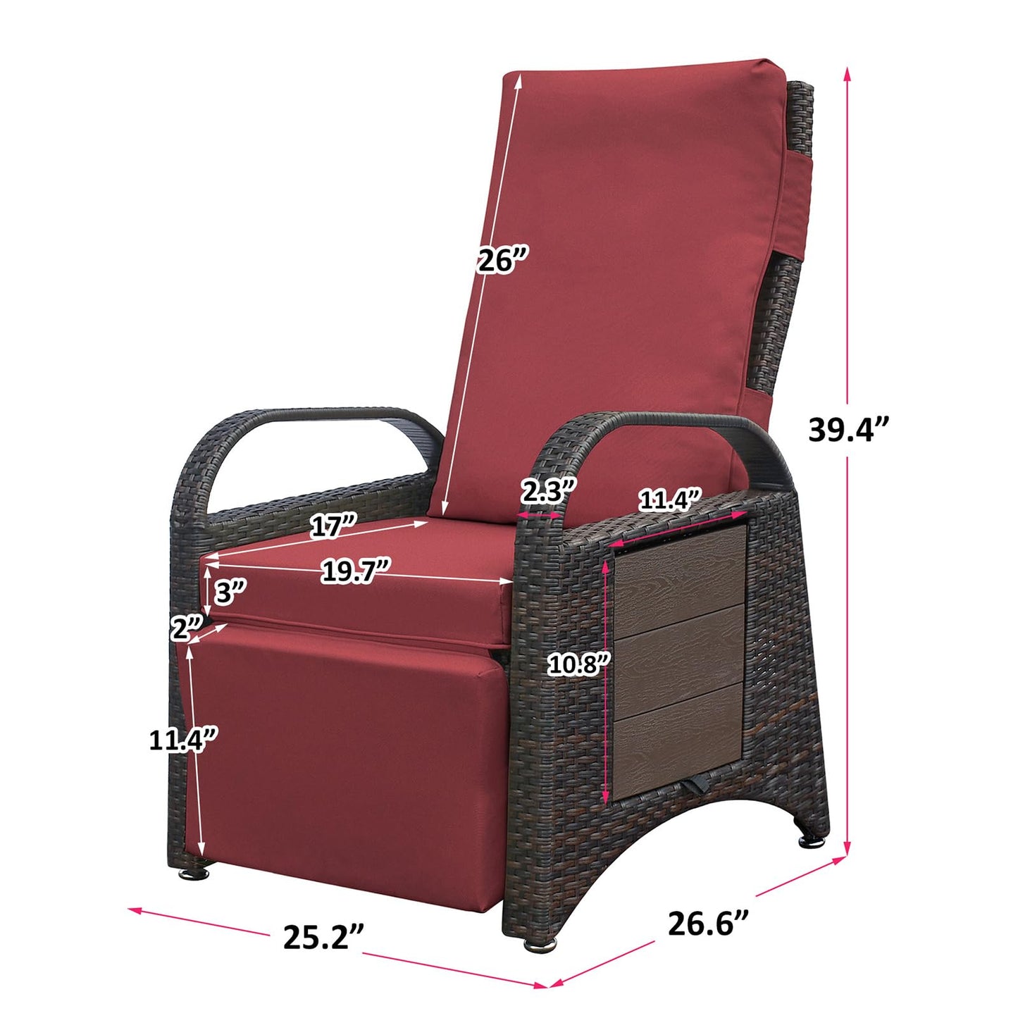 ATR ART TO REAL Outdoor Recliner Chairs, PE Wicker Reclining Lounge Chair with Removable Soft Cushion, Adjustable Outside Recliners for Patio, Porch, Poolside, Balcony, Lawn (Red, 1 PC)