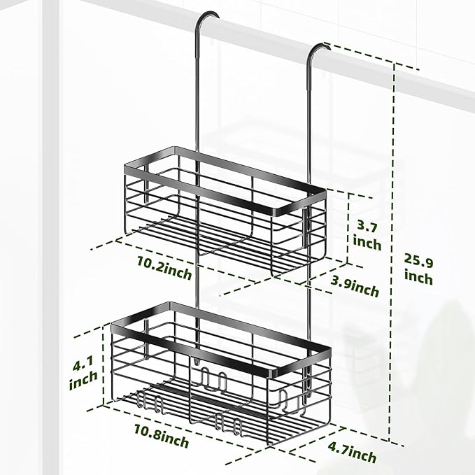 YUOROS Hanging Shower Caddy, 2 Tier Over the Door Shower Organizer Rack Organizer Stainless Steel Rustproof (Black)
