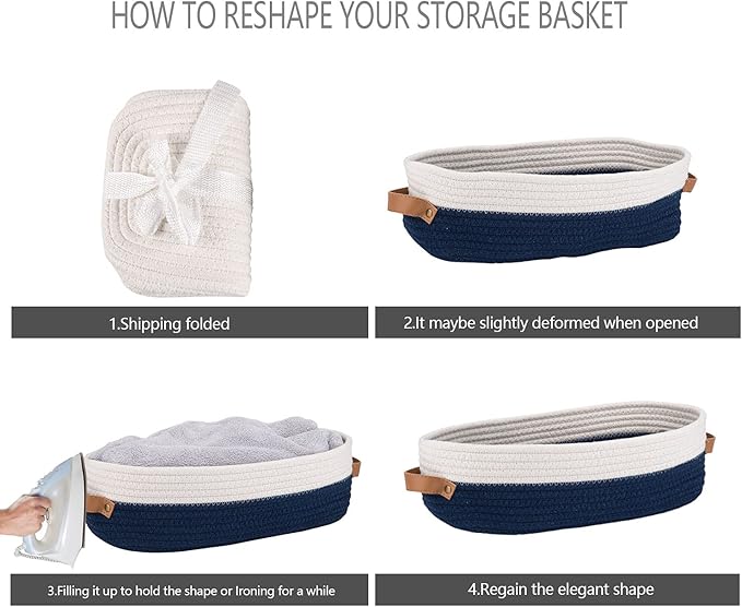 Toilet Basket,Woven Storage Basket for Toilet Tank Top Farmhouse Home Decor Organizing Baskets 13"x5.9"x4" Navy Stitching White