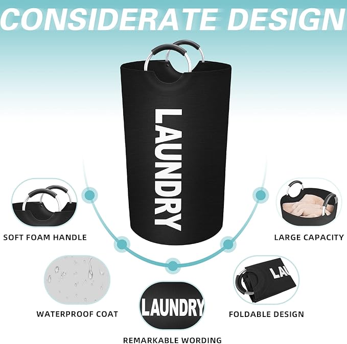 StorageRight 75L Large Laundry Basket, Laundry Hamper, Dirty Clothes Hamper for Laundry, Collapsible, Waterproof Laundry Baskets with Foam Protected Aluminum Handles for Laundry, Dorm, Family (Black)