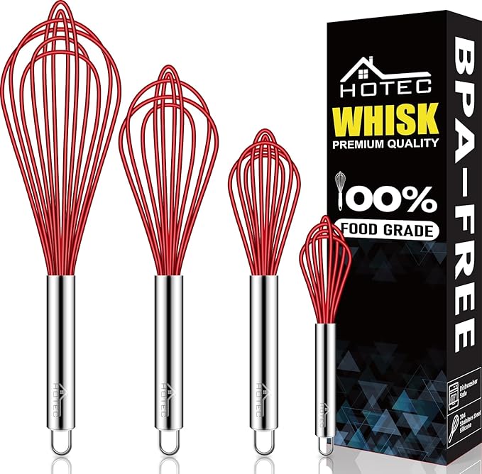 HOTEC 4 Pieces Silicone Whisks Set, Wire Balloon Whisks for cooking Egg Beater, Non-slip Handle Whisk for Non-stick Cookware Perfect for Cooking, Stirring, Beating and Blending,Multicolor