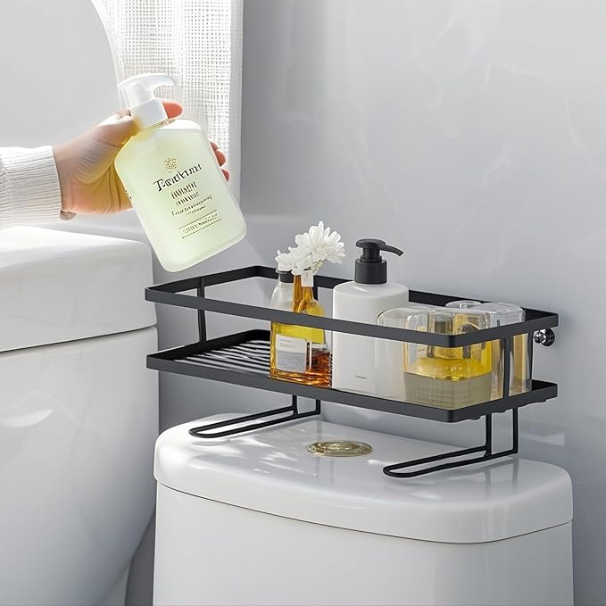 ShellKingdom Over The Toilet Storage Shelf, Toilet Paper Holder Stand Shelves, Punch-Free Bathroom Storage Rack with 2 Hooks, Small Space Organizers for Bathroom, Home, Countertop, Black