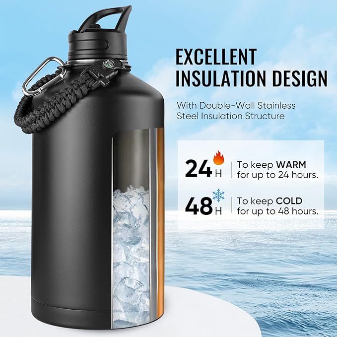 Gallon Water Bottle with 2 Lids (Straw & Spout), 304 Stainless Steel Water Jug with Handle and Wide Mouth, 1 Gallon Vacuum Double Walled Jug for Sports, Outdoors, Leak-Proof, Black 128 oz