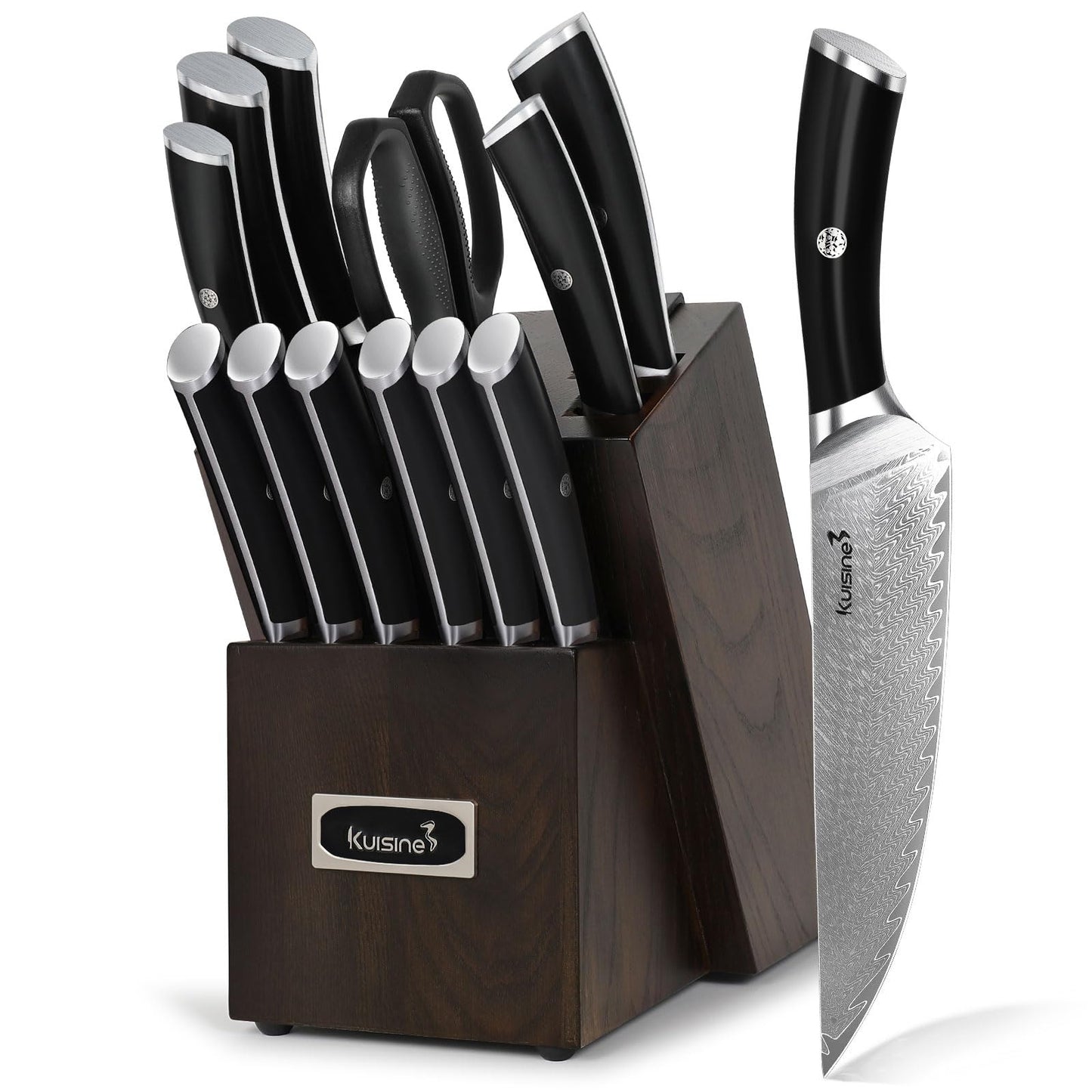KUISINE Chef Knife Set, High Carbon Stainless Steel Ultra Sharp Blade Ergonomic Handle, Kitchen Knife Block Set with Built-in Sharpener, Elegant Gift for Holiday(15 PCS Pro White)