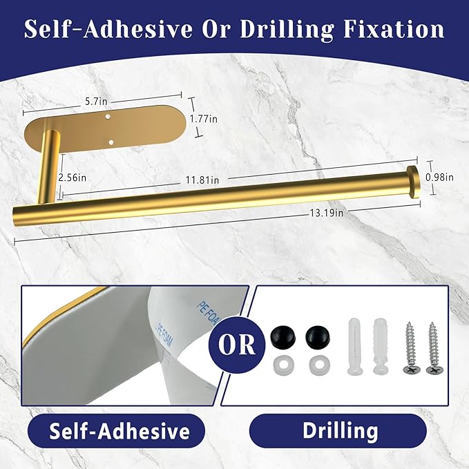 Paper Towel Holder, Self Adhesive or Drilling Paper Towel Holder Under Cabinet, Stainless Steel Gold Paper Towel Holders Wall Mount for Kitchen, Bathroom, Sink, Pantry, Fridge (Gold)