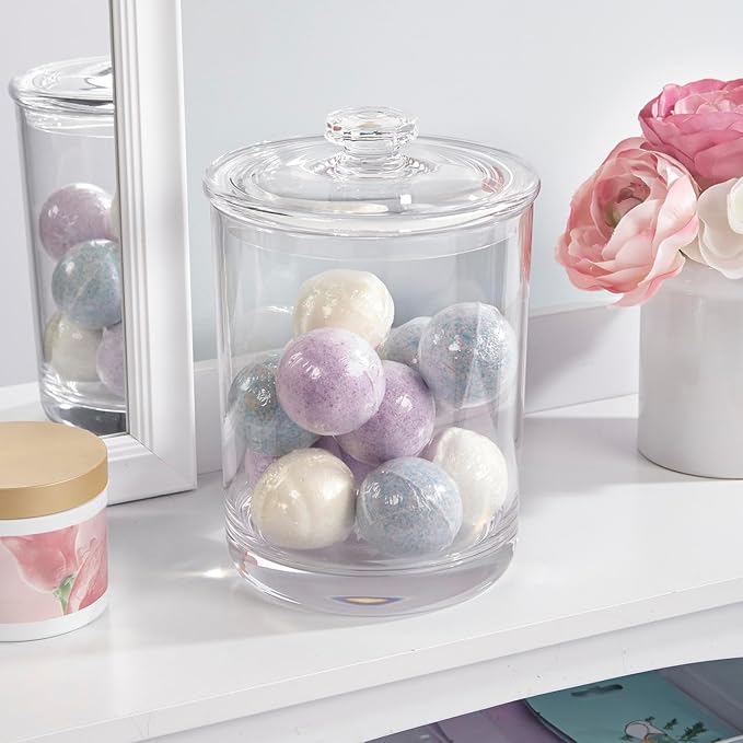 STORi Premium Quality Clear Plastic Makeup and Cotton Ball Holder | 60-oz Apothecary Jar with Lid | Perfect Storage Container to Organize Bathroom and Vanity
