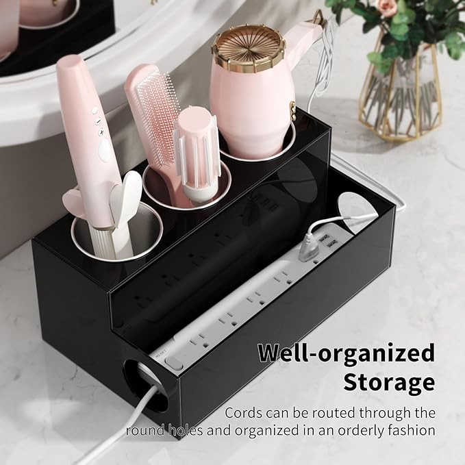 NIUBEE Hair Tool Organizer, Black Acrylic Hair Dryer and Styling Holder, Bathroom Countertop Blow Dryer Holder, Vanity Caddy Storage Stand for Accessories, Makeup, Toiletries
