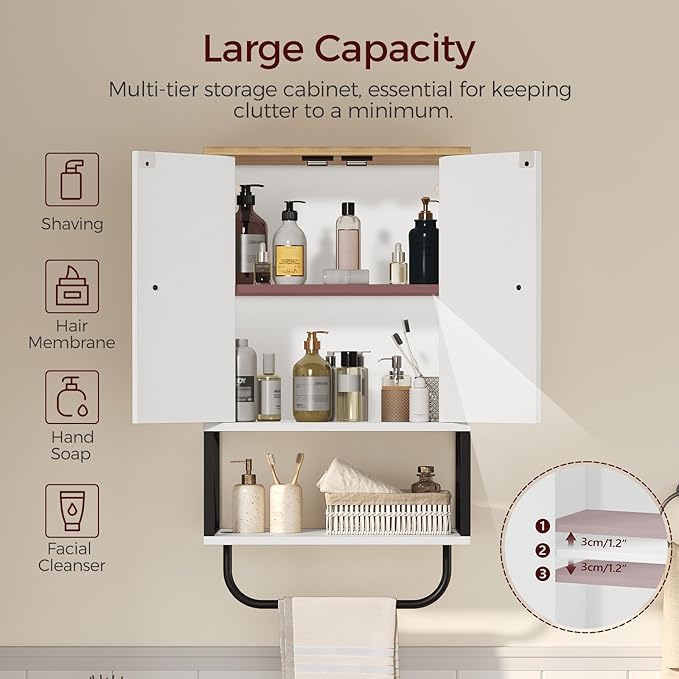 Bathroom Wall Cabinet with 2 Door and Adjustable Shelf, Medicine Cabinet with Towel Rack, 3-Tier Wall Mounted Storage Cabinet Over The Toilet for Bathroom Laundry Room, White and Natural