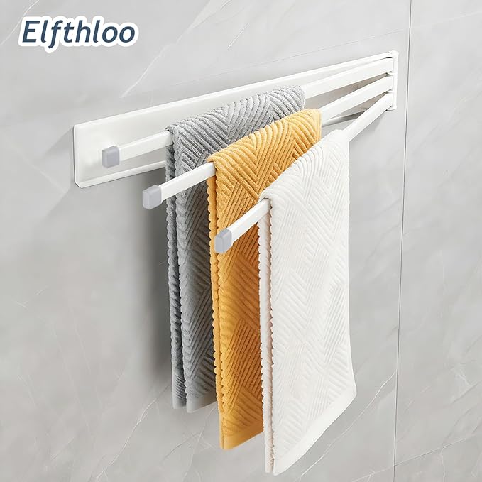 Swivel Foldable Towel Rack, Elfthloo 41cm(16 in) Rotating 3-Arm Towel Bar Rod, Space Saving Wall Mounted Holder, Stainless Steel Swing Out Hanger for Bathroom, Kitchen (1 Pack, White)