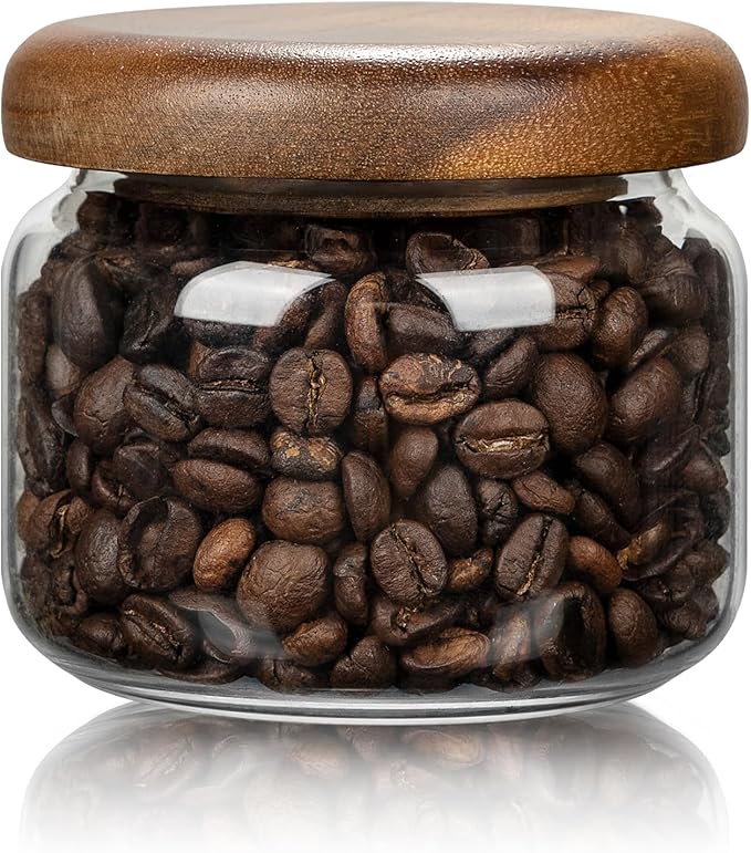 piconesper 2PCS Small Glass Storage Jars with Airtight Lids, 11 fl oz (300ml) coffee container with Wooden Lid, Glass Pantry Canister for Beans, Rice, Sugar and etc