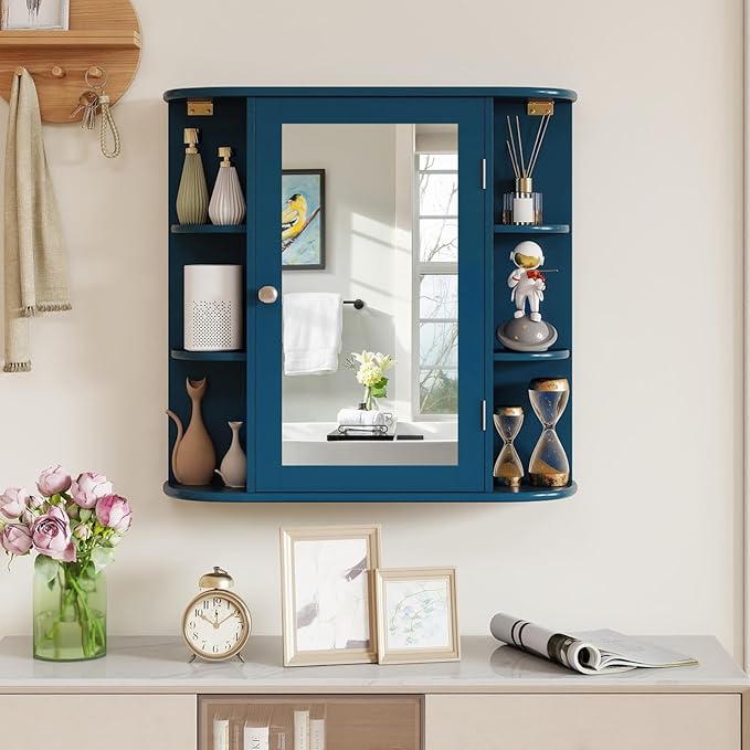 Tangkula Bathroom Medicine Cabinet with Mirror, Wall Mounted Home Storage with Door & 6 Open Shelves, Adjustable Shelves, Mirrored Bathroom Wall Cabinet (Blue)