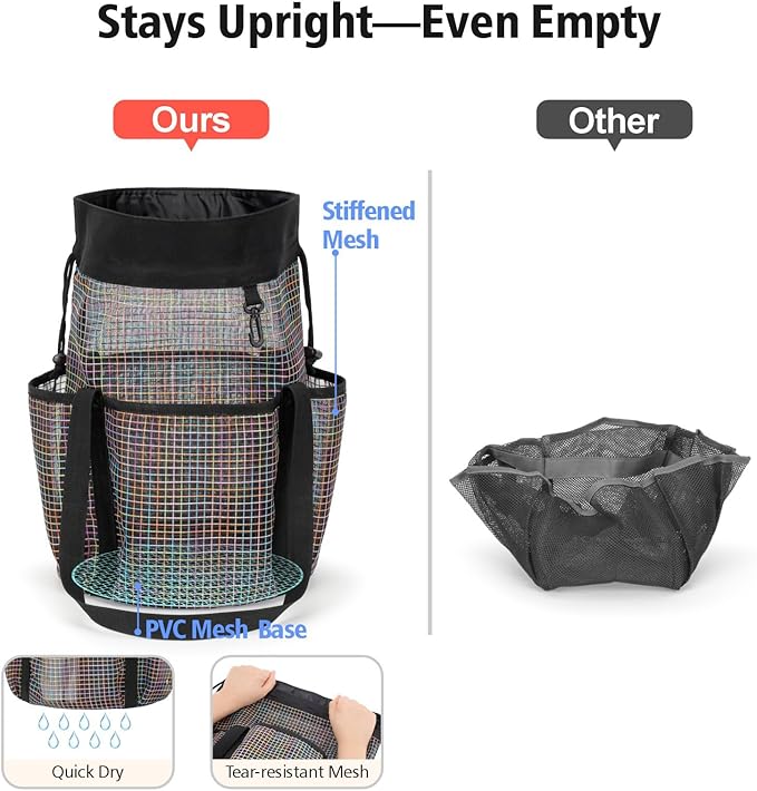 F-color Mesh Shower Caddy Portable with Drawstring - Tall 5 Pockets Dorm Room Essentials for Guys Girls with S Hook, Shower Bag Basket Tote for College Camping Travel Toiletry Bathroom, Black Grid