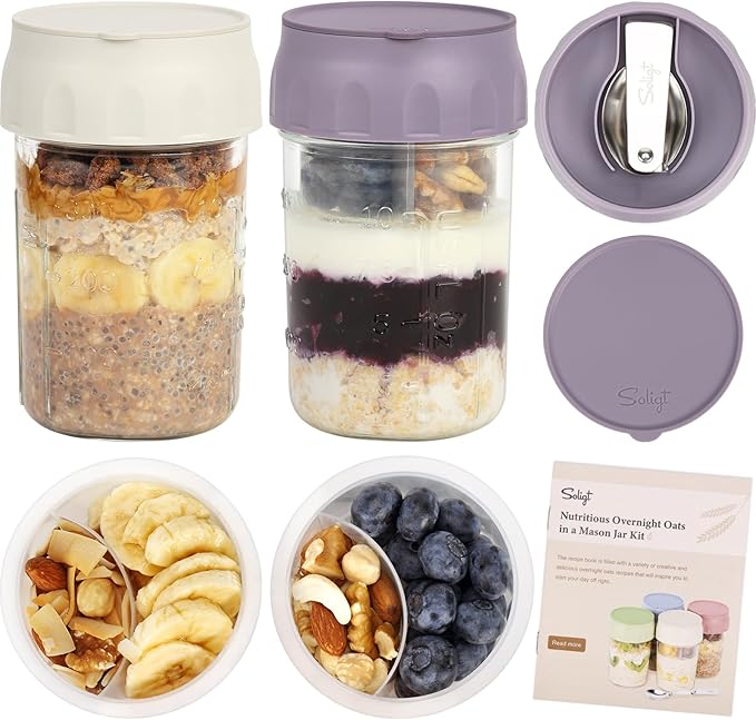 SOLIGT Overnight Oats Containers with Lids, Folding Spoons and Divided Compartment for Fruit & Nuts, Small Glass 16oz Mason Jars for Oatmeal Yogurt Parfait (2 Set-Smoke Gray/Oat White)