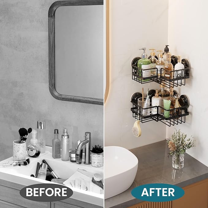 TAILI 2 Pack Corner-adaptive Suction Cup Shower Caddy, Stainless Steel Rustproof Corner Shower Shelves, Large Capacity, Removable Suction Cup Bathroom Organizer, Drill-Free Wall Mounted Baskets, Black