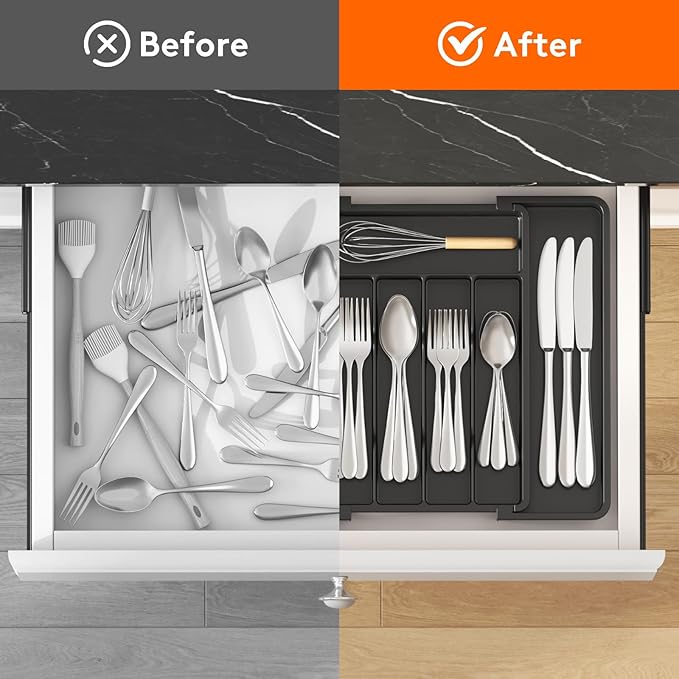 Lifewit Silverware Drawer Organizer, Expandable Utensil Tray for Kitchen, BPA Free Flatware and Cutlery Holder, Adjustable Plastic Storage for Spoons Forks Knives, 8.5-14 x 12", Black
