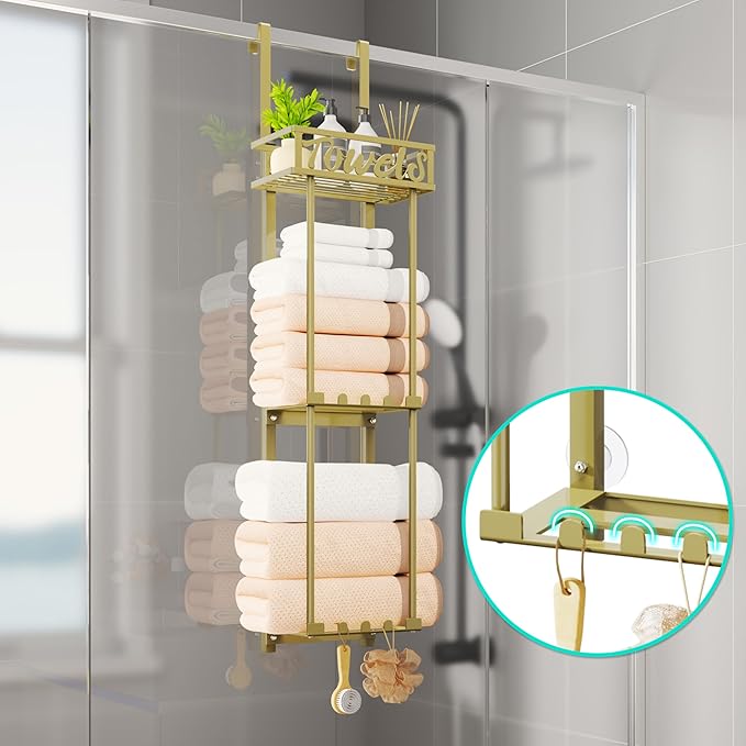 HapiRm Towel Rack Bathroom Storage - 3 Tier Over The Door & Wall Mounted Rolled Towel Racks Holder Organizer with Metal Shelf and 6 Hooks for Small Bathroom, Camper, Rv - Gold