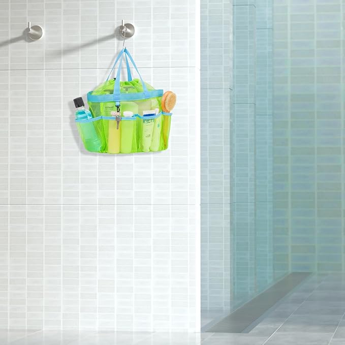 F-color Mesh Shower Caddy Portable with Drawstring - Large 8 Pockets Dorm Room Essentials for Guys Girls with S Hook, Shower Bag Basket Tote for College Camping Gym Travel Toiletry Bathroom, Green
