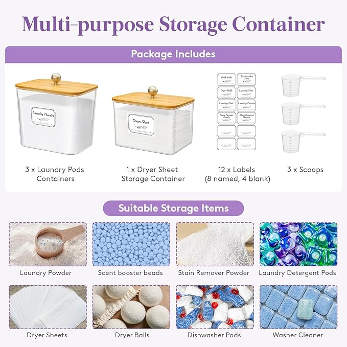 Lifewit Large Laundry Pods Container& Dryer Sheet Holder, Laundry Storage Containers, Laundry Room Organization Storage Jars for Powder, Scent Booster Beads,Bamboo Lid,0.53+0.7 gal,4 Pcs