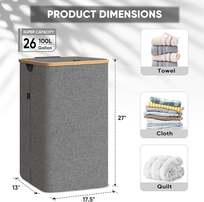 BALEINE Laundry Hamper with Lid, Tall Laundry Baskets with Bamboo Pull Handles, Large Laundry Bin with Internal Support (26 Gal/100L, Grey) (Pack of 2)