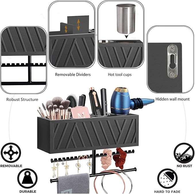 Rustic Hair Dryer Holder Wall Mounted,Hair Styling Tools & Accessories Organizer,Bathroom Supplies & hot Tools vanities Organizer Caddy,for Storage Flat Iron,Blow Dryer,Curling Iron,Towel