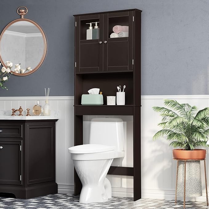 Bonnlo Over The Toilet Storage Cabinet Bathroom Behind Toilet Shelf Towel Storage Freestanding Organizer Space Saver with Double Door Glass Window Cabinet Tower with Adjustable Shelf (Brown)