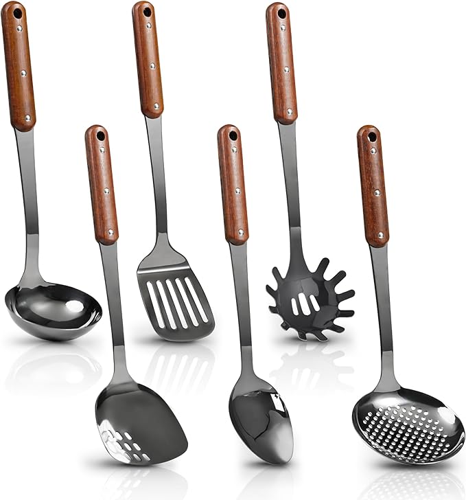 FJNATINH Stainless Steel Wok Spatula,Slotted Spatulas,Ladle,Skimmer Ladle Tool Set,Mirror Polished Cooking Utensils Kitchen Cookware, Pack of 4,Black