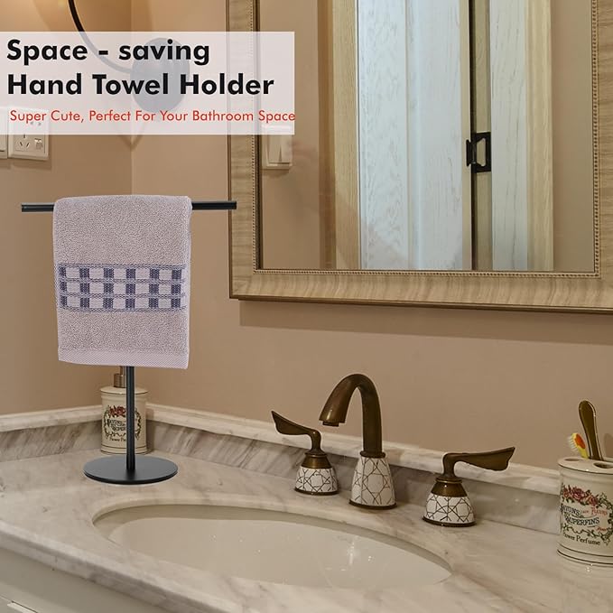 Black Hand Towel Holder Stand for Bathroom Vanity Countertop Stainless Steel T-Shape Freestanding Towel Rack Stand Towel Bar for Bathroom Kitchen (Black Matte)