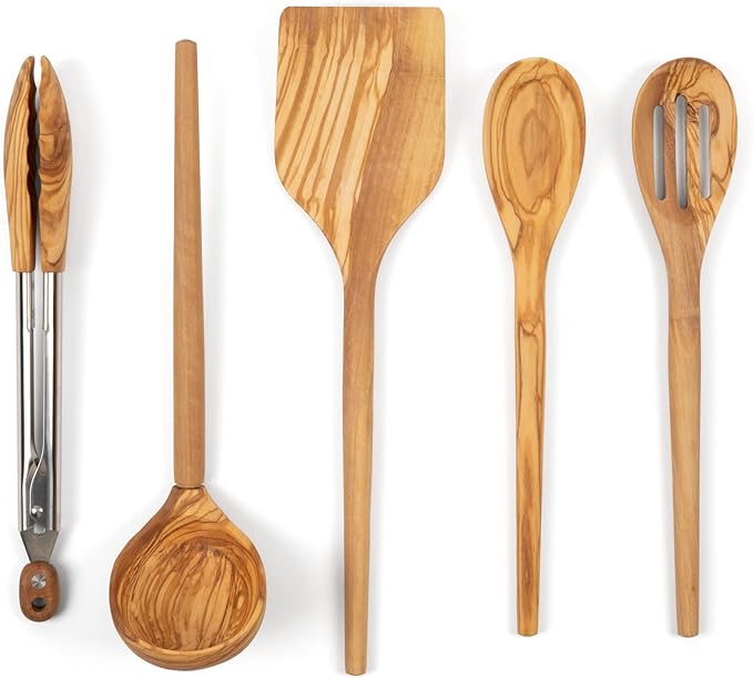 Salt & York Olive Wood Wooden Cooking Utensils, 5-Pc Kitchen Utensil Set