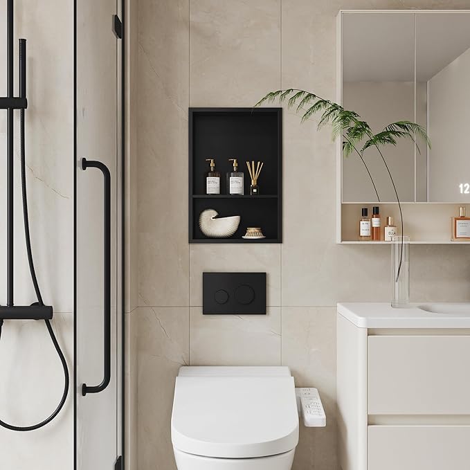 Neodrain 12X18 Inch Matte Black Double Shelf Stainless Steel Shower Niche, No Tile Needed Bathroom Organizer, Two Layer Recessed Built-in Wall Niche