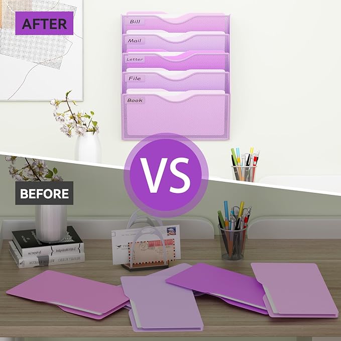 5 Pockets Hanging Wall File Organizer Mail Holder, Wall Mounted Paper Document Folder Holder, Clipboard Storage Organization Magazine Rack, Light Purple