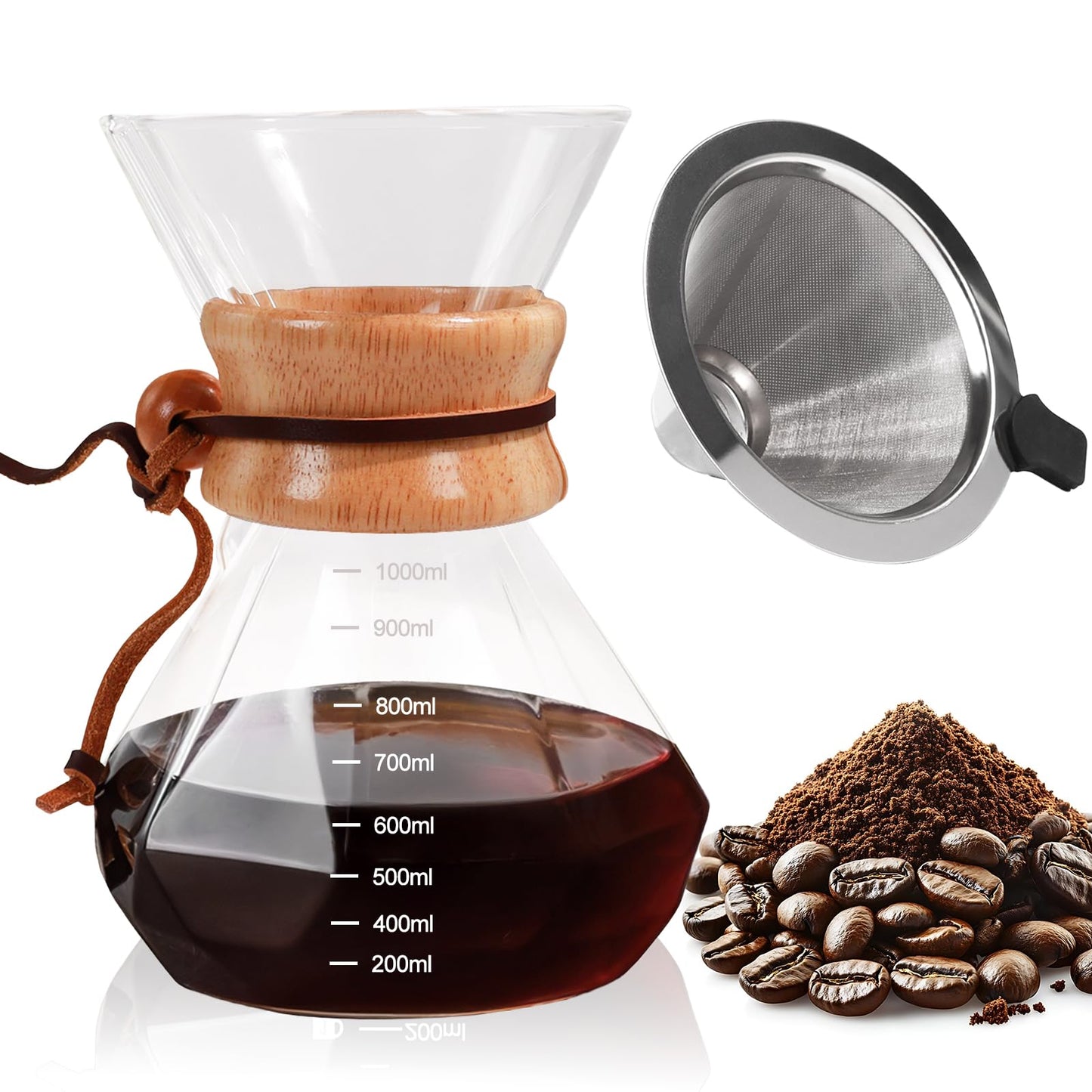 Mogrecha Pour Over Coffee Maker 800ml/27oz with 304 Stainless Steel Filter
