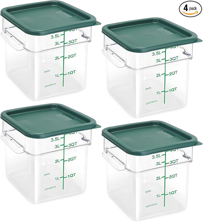 TSUBOR 4 Pack Food Storage Containers with Green Lids, 4.0 Qt - Square, Clear, Polycarbonate, for Restaurant Commercial Kitchen and Home party