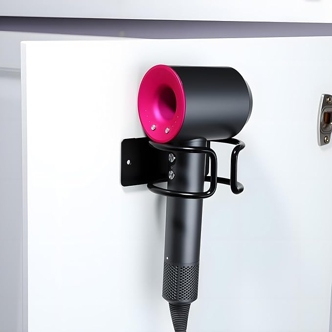 YIGII Universal Hair Dryer Holder Wall Mounted, Self Adhesive Blow Dryer Hanger Compatible with Most Hair Dryers, Stainless Steel Hairdryer Holder Rack for Bathroom Cabinet (Black)